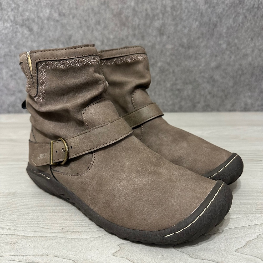 JBU Dottie Ankle Boots Womens 8 Taupe Vegan Leather Slouchy Buckle Embroidered